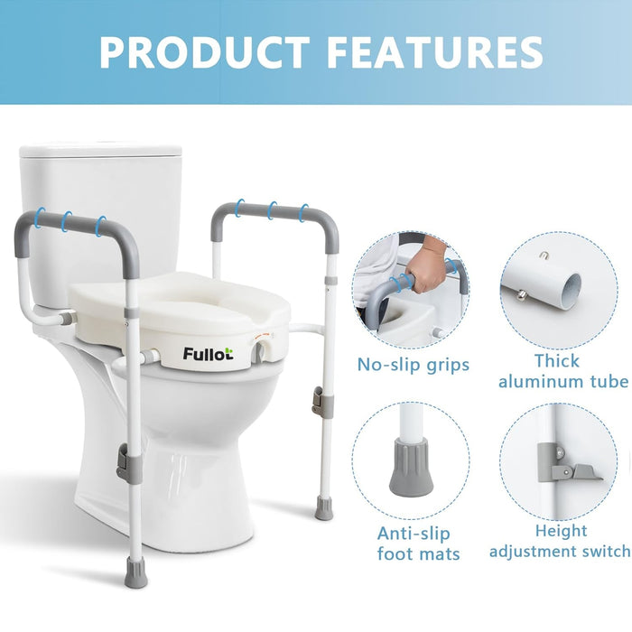 FULLOT Mobility Toilet Seats - Toilet Seat Riser with Handles 4 inch (Fits Round and Elongated up to15") for Portable Toilets, Raised with Lid, Seniors